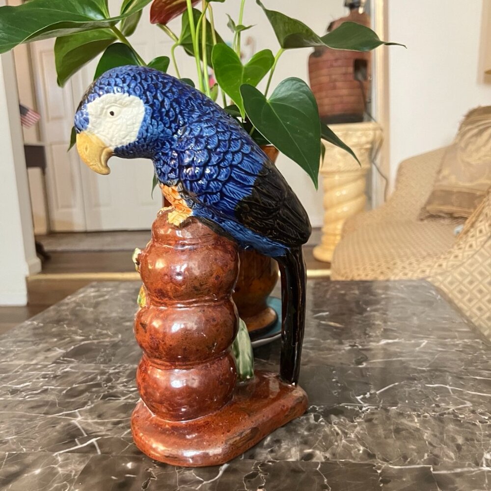 Vintage Style Ceramic Blue Parrot Figurine – Tropical Bird Decor